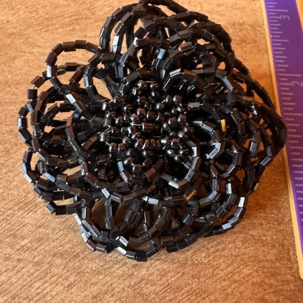 Metallic Black Seed Beads Flower Shaped Brooch Pin Witchy Whimsy Goth Steampunk